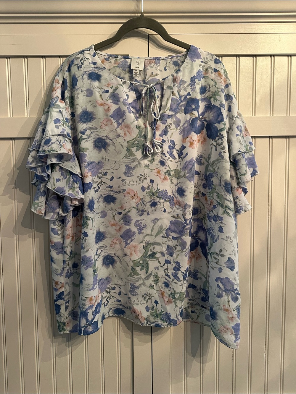 Joie Pastel Floral Ruffle Sleeve Tie-Neck Blouse